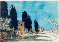 Route avec mas et cyprès - Oudot - ©Oeuvre mise en vente par L'Atelier Galerie des Alpilles