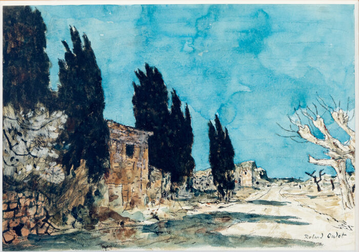Route avec mas et cyprès - Oudot - ©Oeuvre mise en vente par L'Atelier Galerie des Alpilles